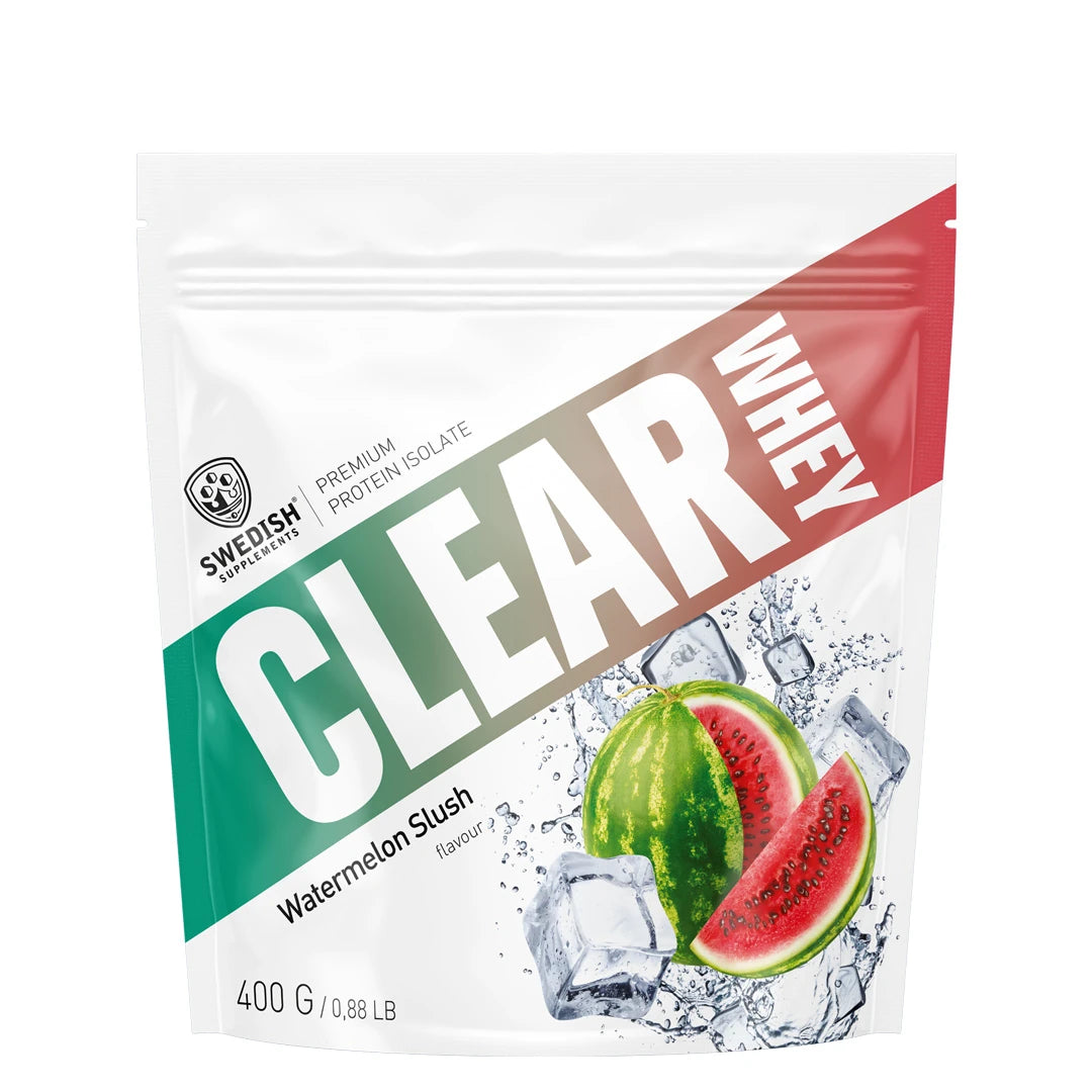 Watermelon Slush -makuinen Swedish Supplements Clear Whey 400 g -proteiinijauhe valkoisessa pussissa., kuva 1/1