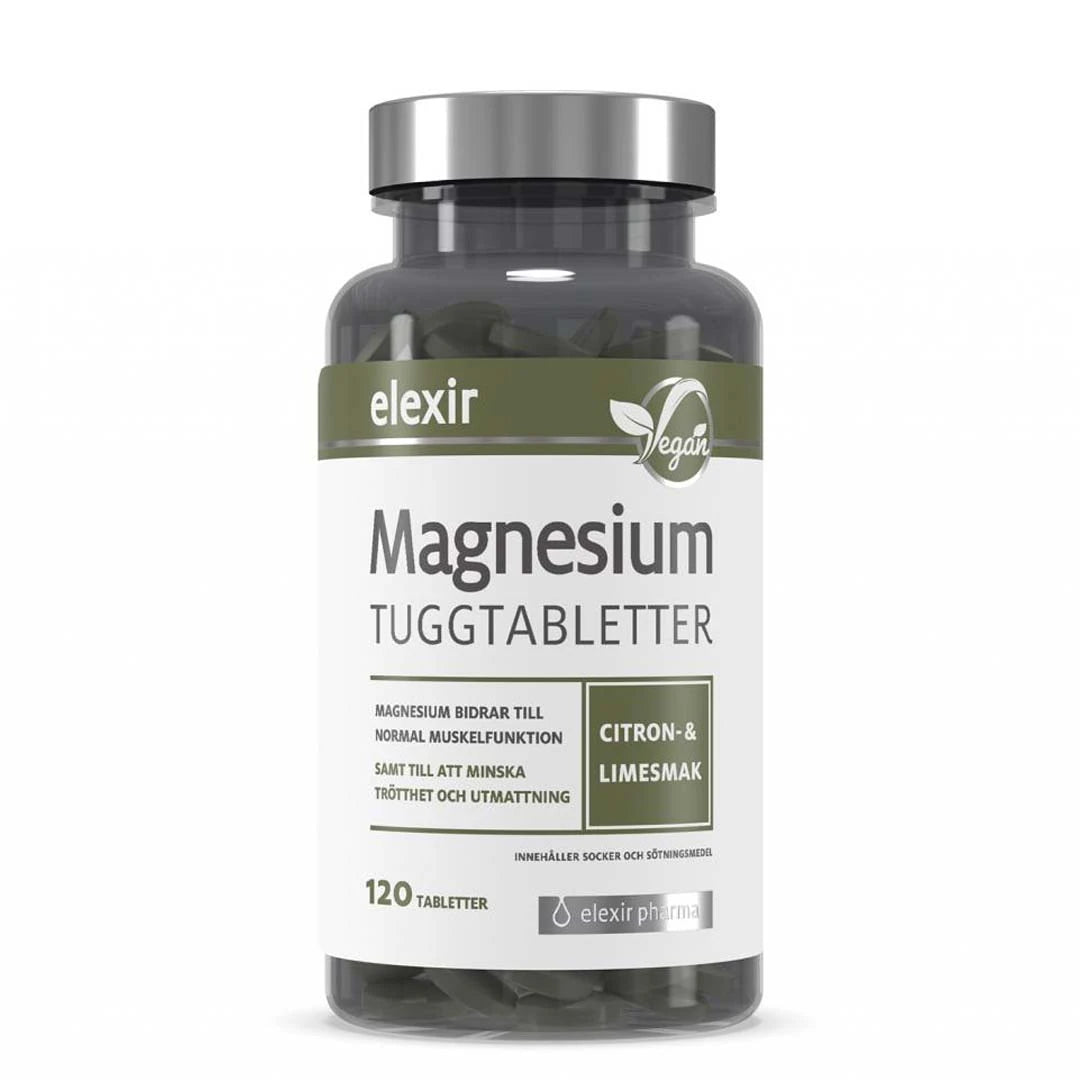 Elexir Pharma Magnesium purutabletit 120 tabs läpinäkyvässä purkissa, jossa on vihreä-valkoinen etiketti., kuva 1/1