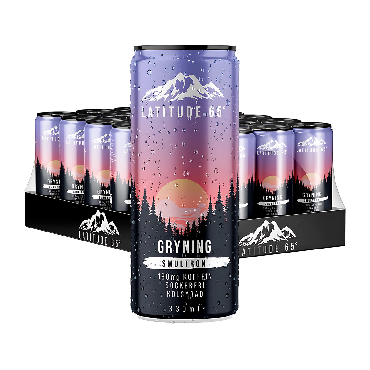 24 x Latitude 65 330 ml Gryning - Smultron 24-pakkauksessa, jossa on liiloja ja vaaleanpunaisia tölkkejä metsäkuvituksella.