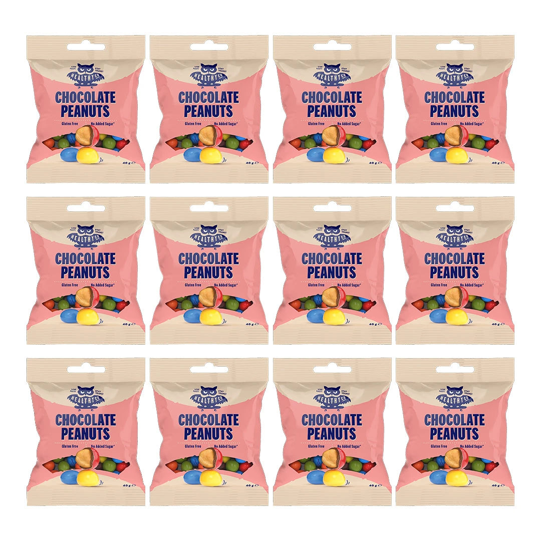 12 x Healthyco Chocolate 40 g Peanuts vaaleanpunaisissa pusseissa, joissa on värikkäitä suklaakuorrutettuja maapähkinöitä.