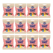 12 x Healthyco Chocolate 40 g Peanuts vaaleanpunaisissa pusseissa, joissa on värikkäitä suklaakuorrutettuja maapähkinöitä.