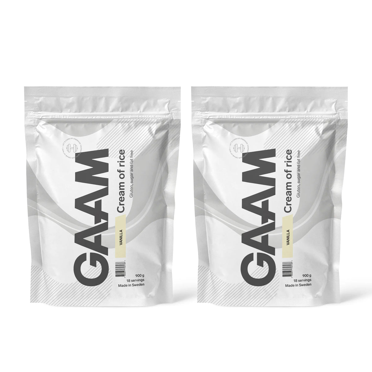 2 x GAAM Cream of Rice 900 g kahdessa valkoisessa pussissa harmailla yksityiskohdilla, makuna Vanilla., kuva 1/1