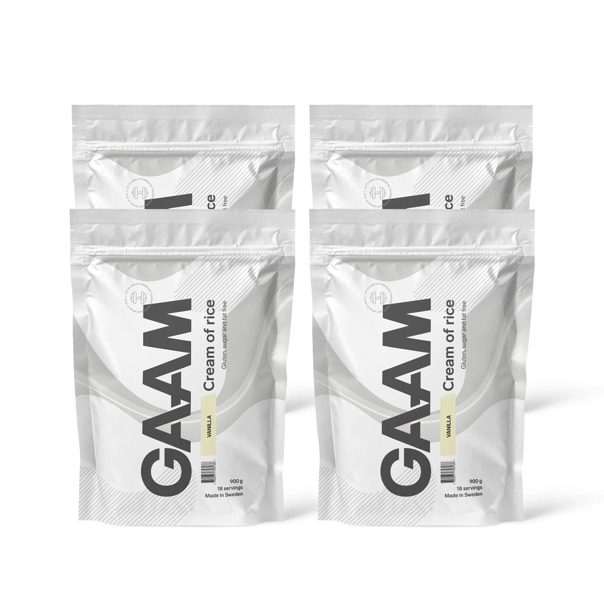 4 x GAAM Cream of Rice 900 g -hiilihydraattijauhe neljässä valkoisessa pussissa mustilla yksityiskohdilla, makuna Vanilla., kuva 1/1