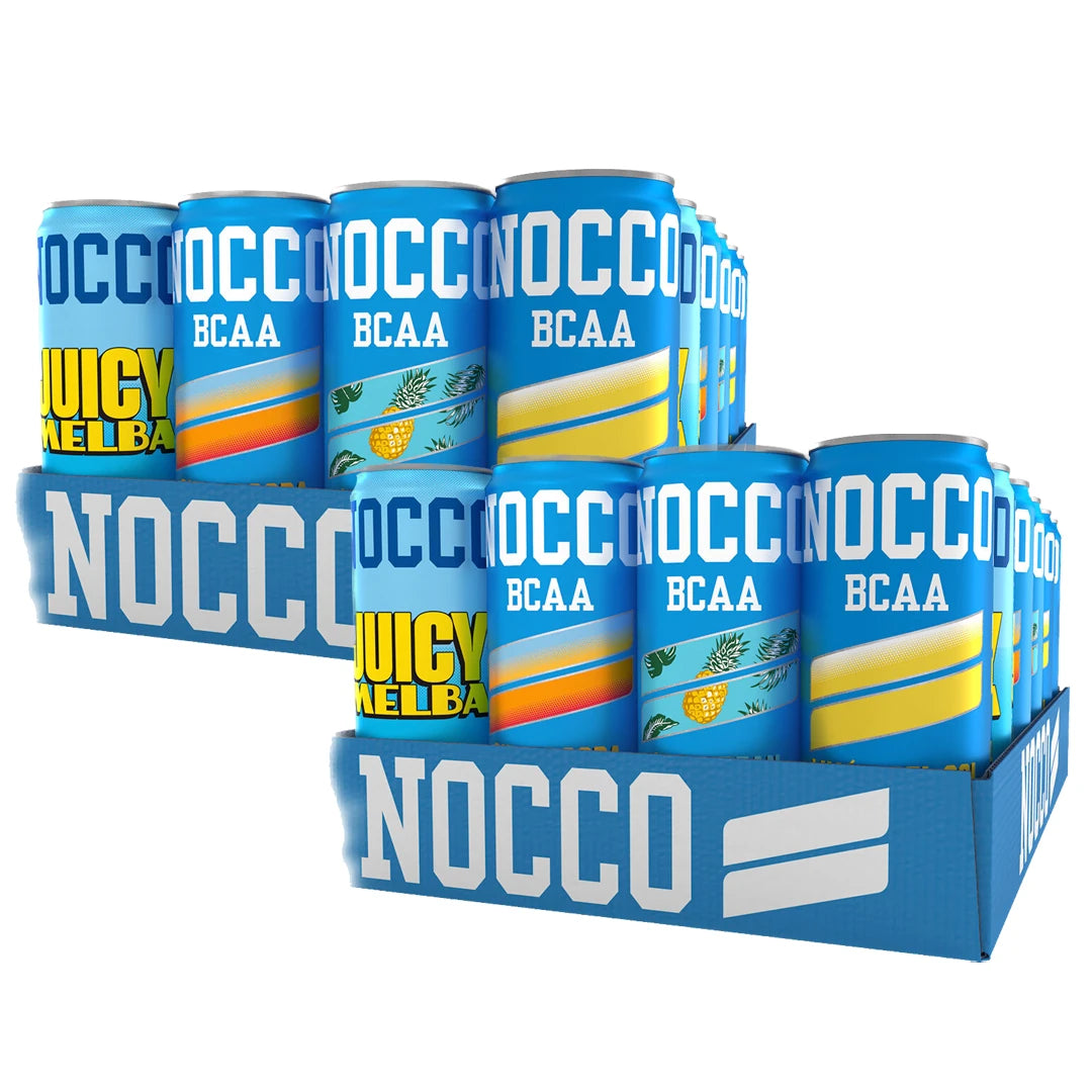 48 x NOCCO BCAA / BCAA+ 330 ml Mix-lava kahdessa pinotussa sinisessä laatikossa, täynnä värikkäitä energiajuomatölkkejä., kuva 1/1