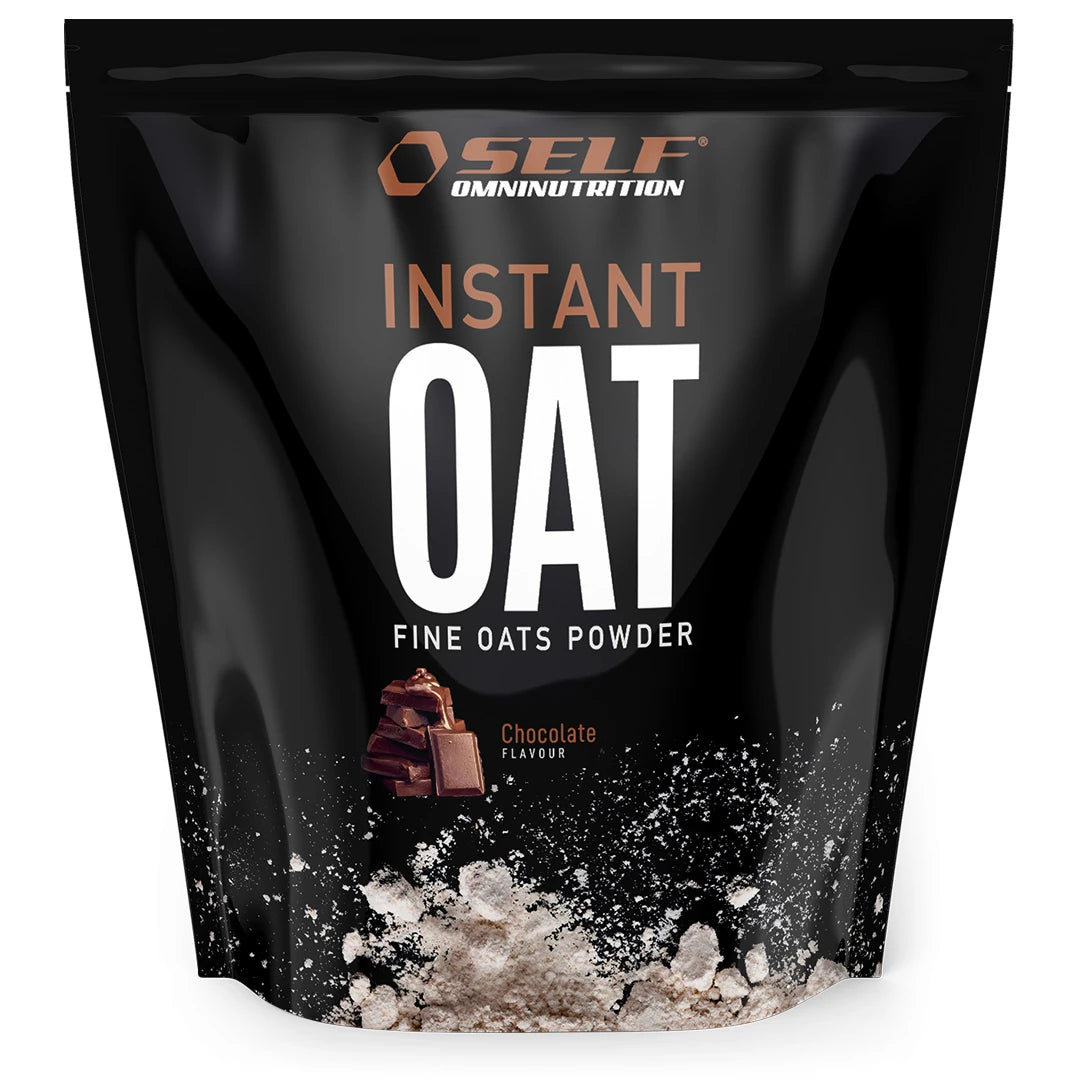 Self Omninutrition Instant Oat 1 kg -hienojakoista kaurajauhoa mustassa pussissa, jossa on suklaapalojen kuvitus maulle Chocolate., kuva 1/14