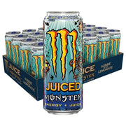 24 x Monster Energy 500 ml Aussie Lemonade i ett mörkblått flak med matchande ljusblå burkar med havsmotiv.