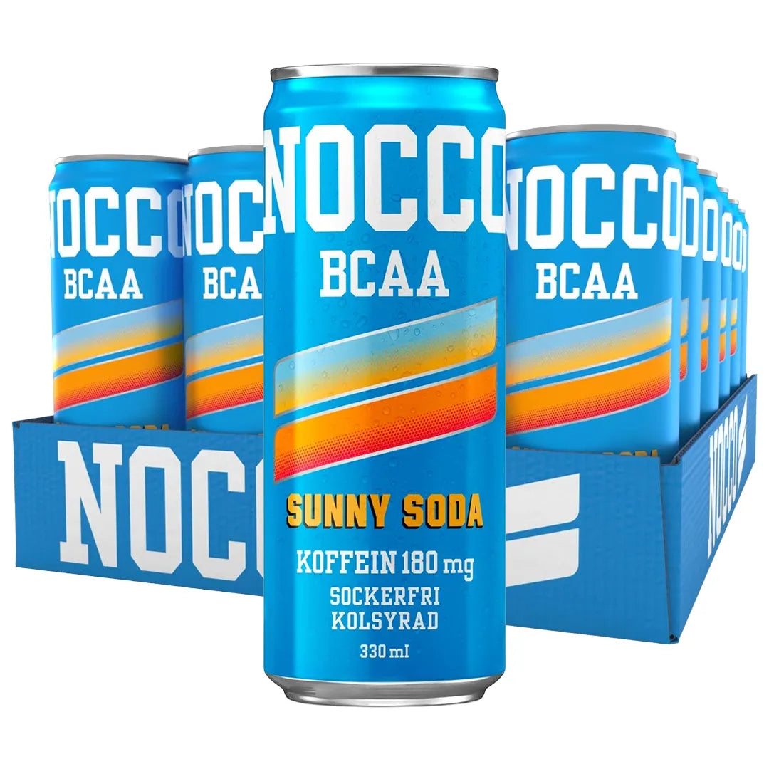 Lava 24 x NOCCO BCAA 330 ml Sunny Soda -juomaa sinisissä tölkeissä keltaisilla ja oransseilla yksityiskohdilla., kuva 1/1