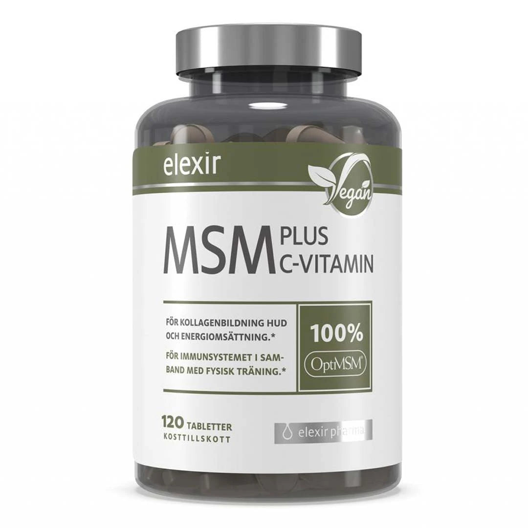 Elexir Pharma MSM + C Vitamin 120 tabs läpinäkyvässä purkissa, jossa on valkoinen etiketti, vihreitä yksityiskohtia ja hopeanvärinen kansi., kuva 1/1