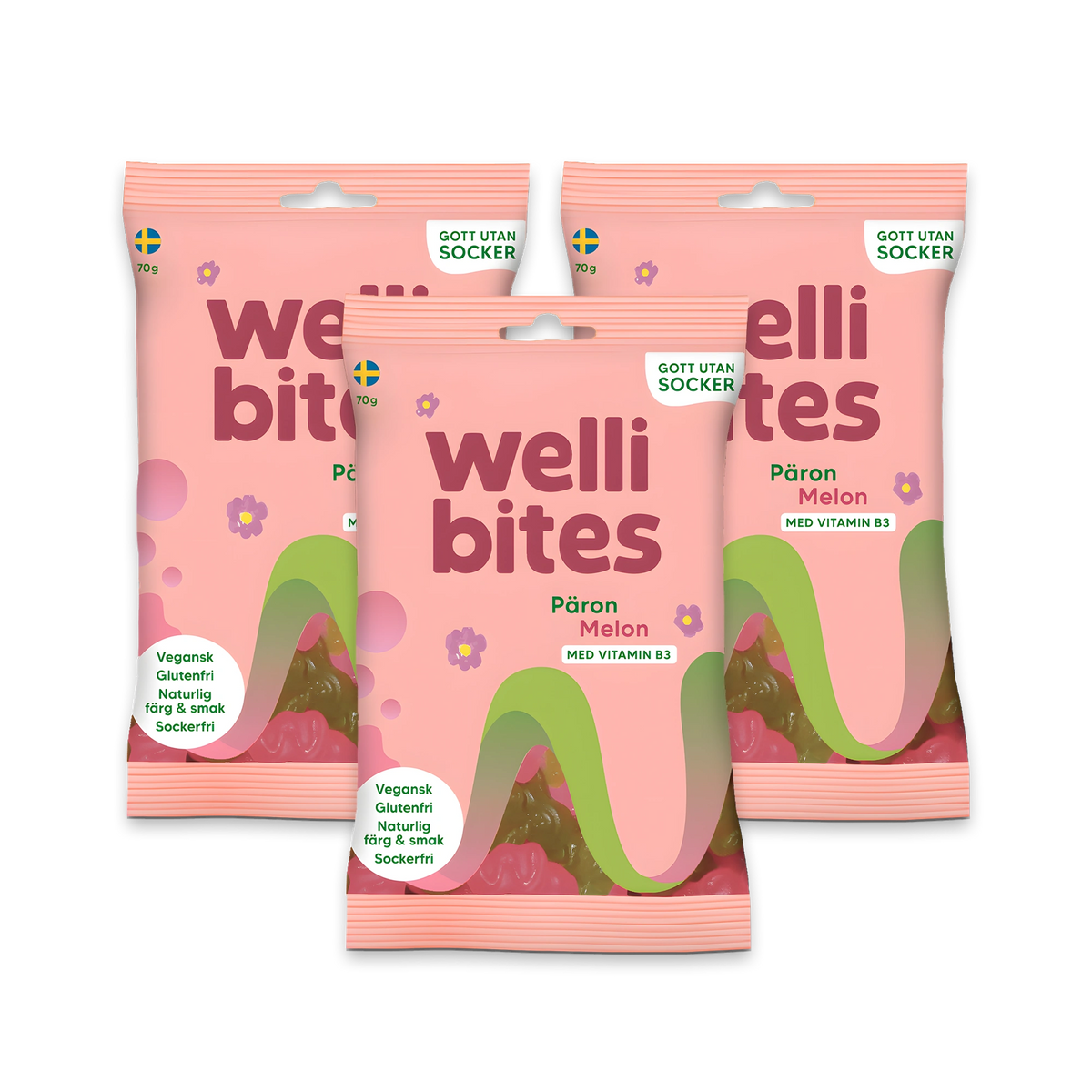 3 x Wellibites Candy 70 g Päron &amp; Melon kolmessa vaaleanpunaisessa karkkipussissa, joissa on värikäs sateenkaari., kuva 1/1