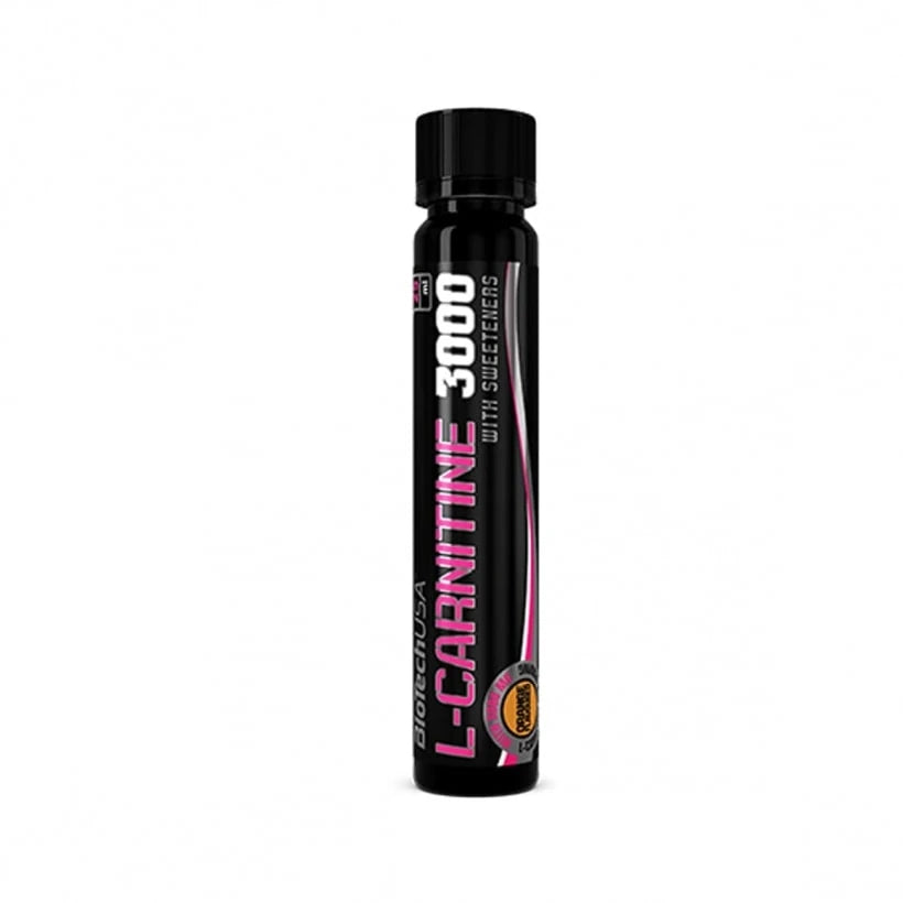 Appelsiininmakuinen BioTechUSA L-Carnitine 3000 25 ml -shotti mustassa muoviampullissa pinkeillä yksityiskohdilla., kuva 3/3