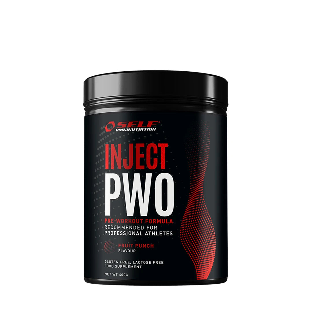 Self Omninutrition Inject 400 g -PWO-jauhe makuna Fruit Punch, mustassa purkissa punaisilla yksityiskohdilla., kuva 1/1