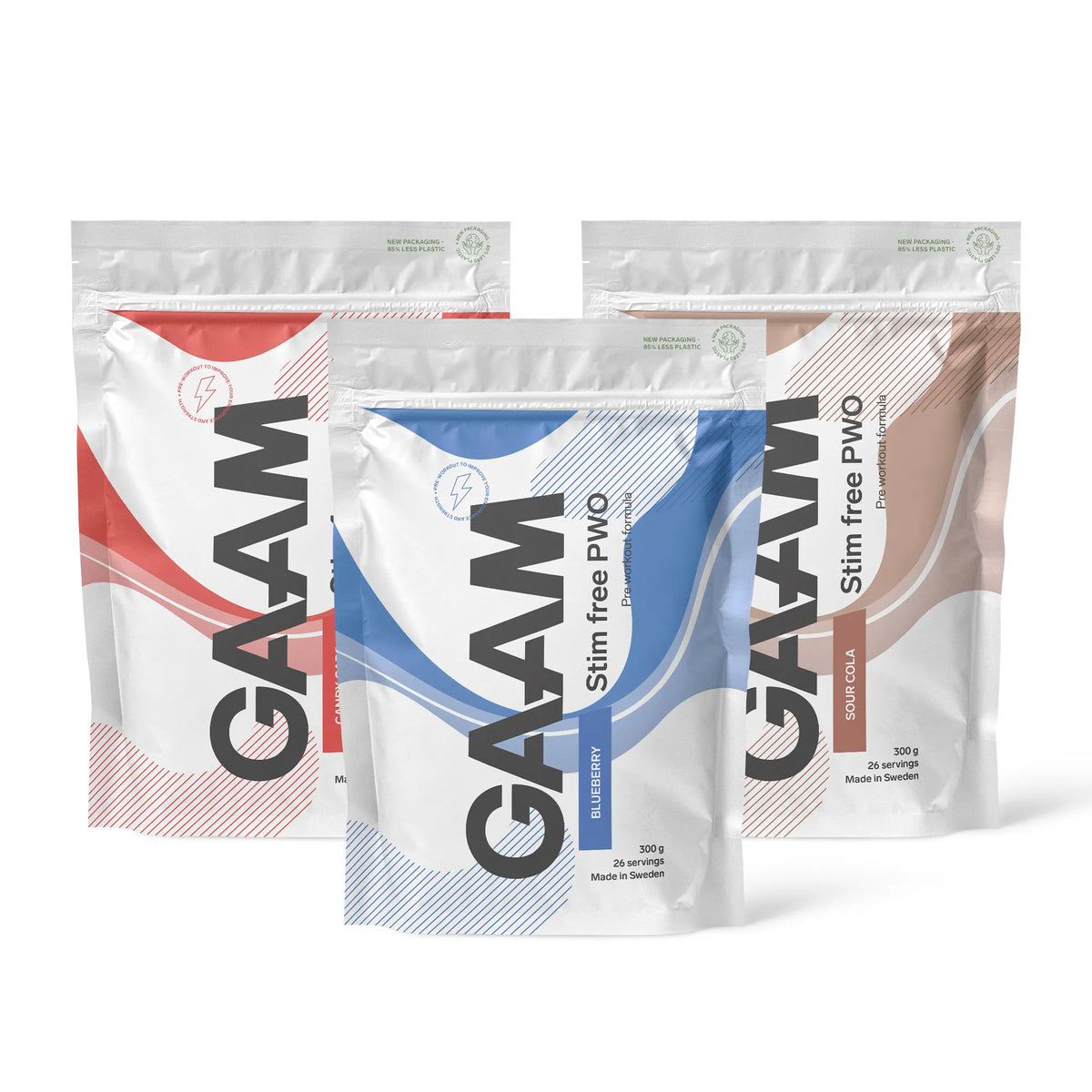3 x GAAM Stim Free PWO 300 g kolmessa valkoisessa pussissa, joissa on sinisiä, punaisia ja ruskeita yksityiskohtia eri mauille., kuva 1/1