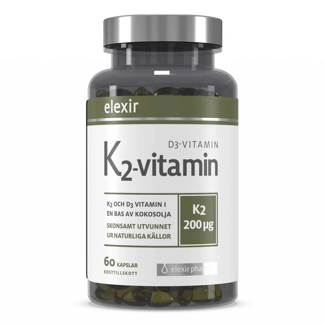 Elexir Pharma K2+D3 60 caps läpinäkyvässä purkissa, jossa on hopeakansi, valkoinen etiketti ja oliivinvihreitä yksityiskohtia., kuva 1/1