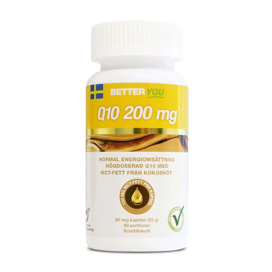 Better You Q10 200 mg 60 caps -ravintolisä valkoisessa muovipurkissa, jossa on kelta-ruskea etiketti., kuva 1/1