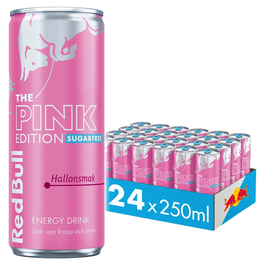 24 x Red Bull energiajuoma 250 ml Pink Edition Vadelma (Sokeriton) sinisellä lavalla pinkein tölkein ja hopeayksityiskohdin., kuva 1/1
