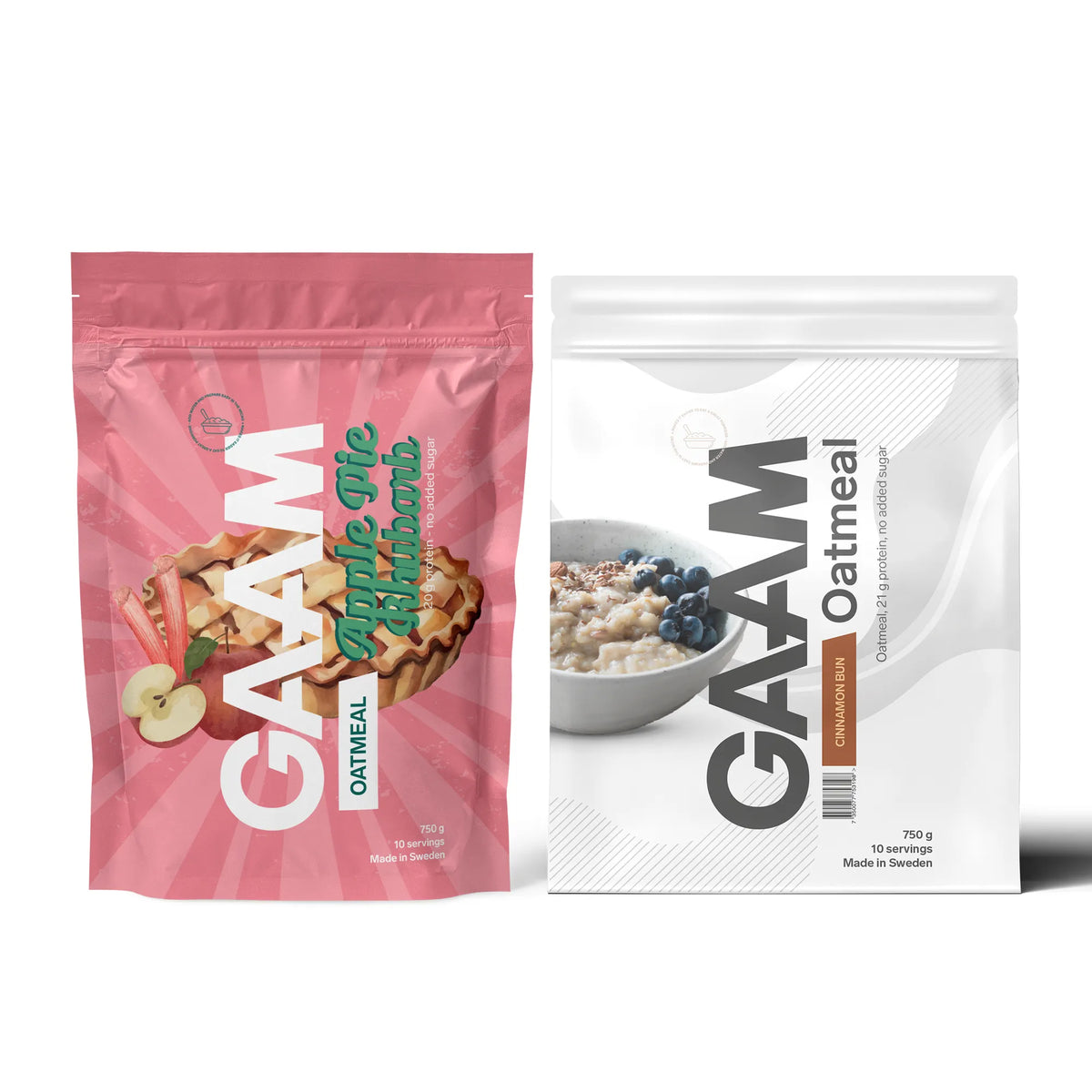 2 x GAAM Oatmeal 750 g -proteiinipuuro vaaleanpunaisessa ja valkoisessa pussissa, makuina Apple Pie Rhubarb ja Cinnamon Bun., kuva 1/1