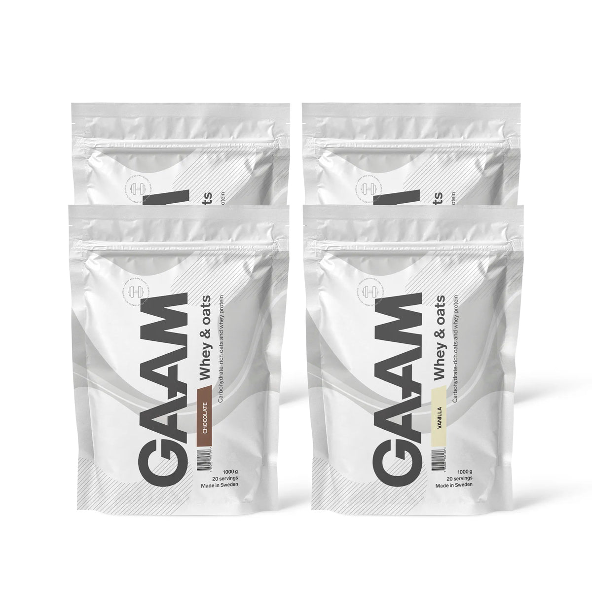 4 x GAAM Whey &amp; Oats 1 kg -proteiinijauhe neljässä valkoisessa pussissa, kaksi suklaan- ja kaksi vaniljanmakuista., kuva 1/1