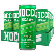 24 x NOCCO BCAA + 330 ml Äpple (Koffeinfri) i ett grönt flak med matchande gröna burkar och vit text för äppelsmak.