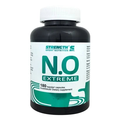 Musta muovipurkki, jossa on Strength N.O Extreme 180 caps -suorituskyvyn tehostajaa ja vihreävalkoinen etiketti., kuva 1/1