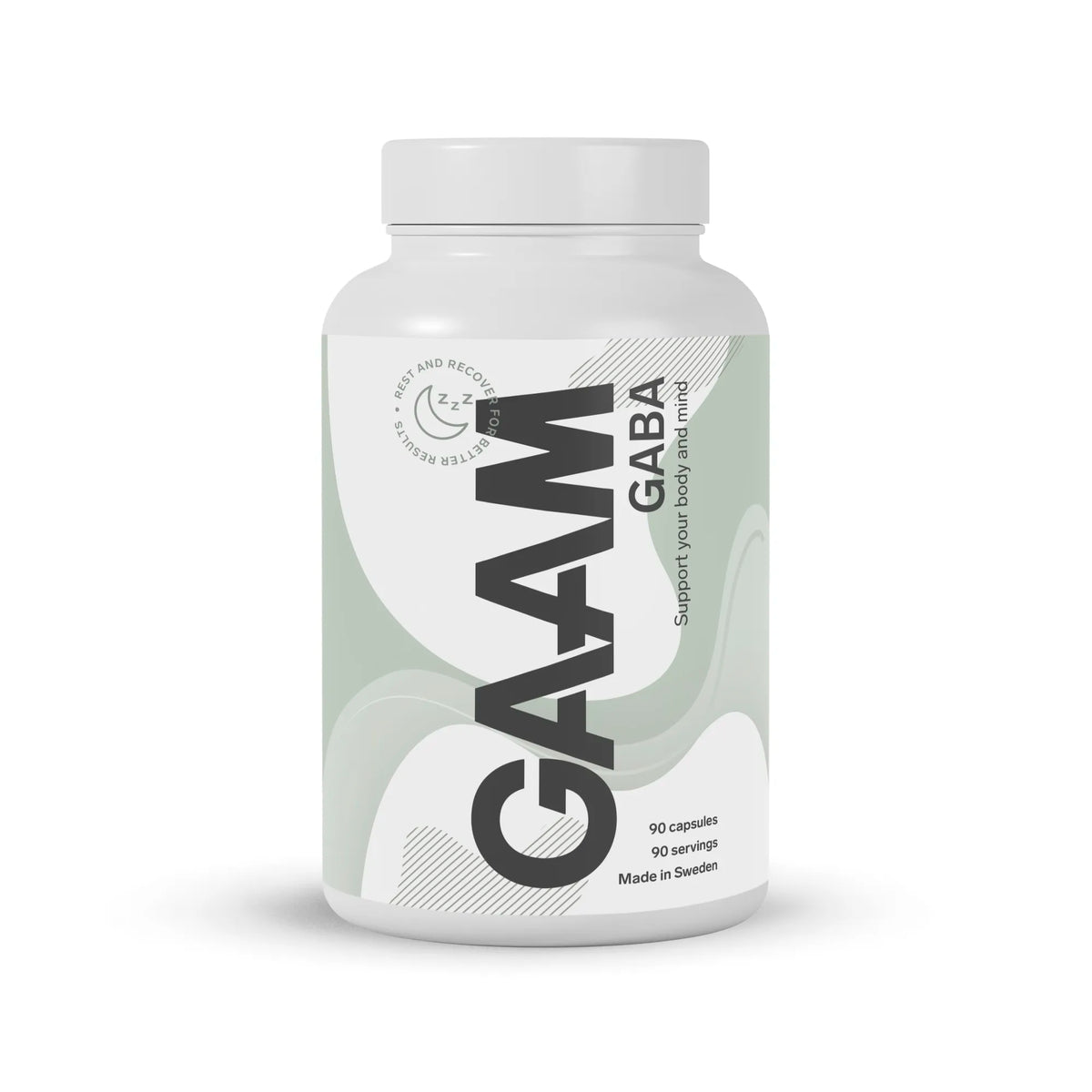 GAAM GABA 90 caps -ravintolisä lepoon ja palautumiseen valkoisessa purkissa vaaleanvihreällä ja harmaalla etiketillä., kuva 1/1