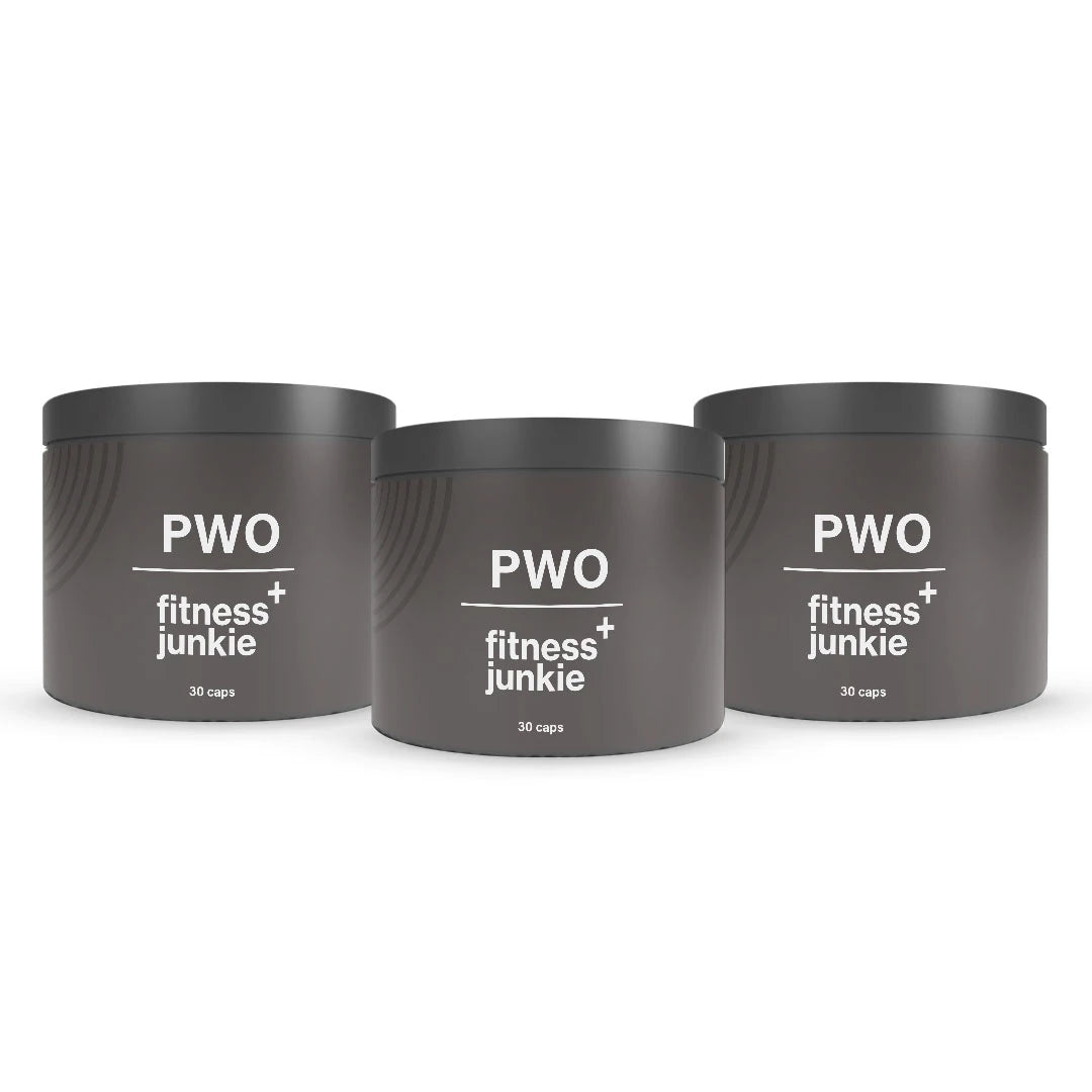 3 x fitnessjunkie PWO 30 caps kolmessa tummanharmaassa purkissa mustilla kansilla ja valkoisella tekstillä., kuva 1/1