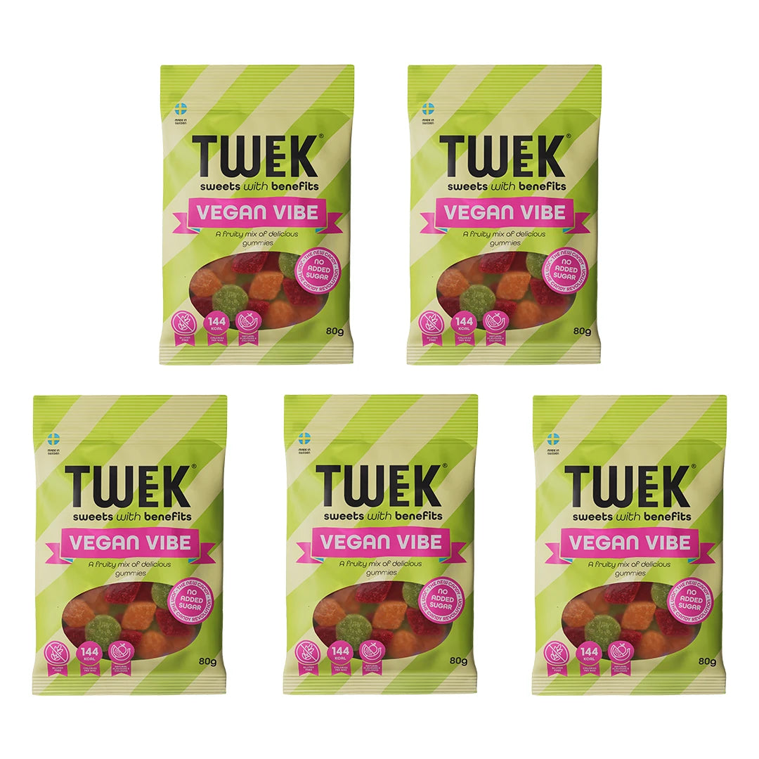 5 x Tweek Sweets 80 g Vegan Vibe, viisi vaaleanvihreää karkkipussia pinkeillä yksityiskohdilla., kuva 1/1