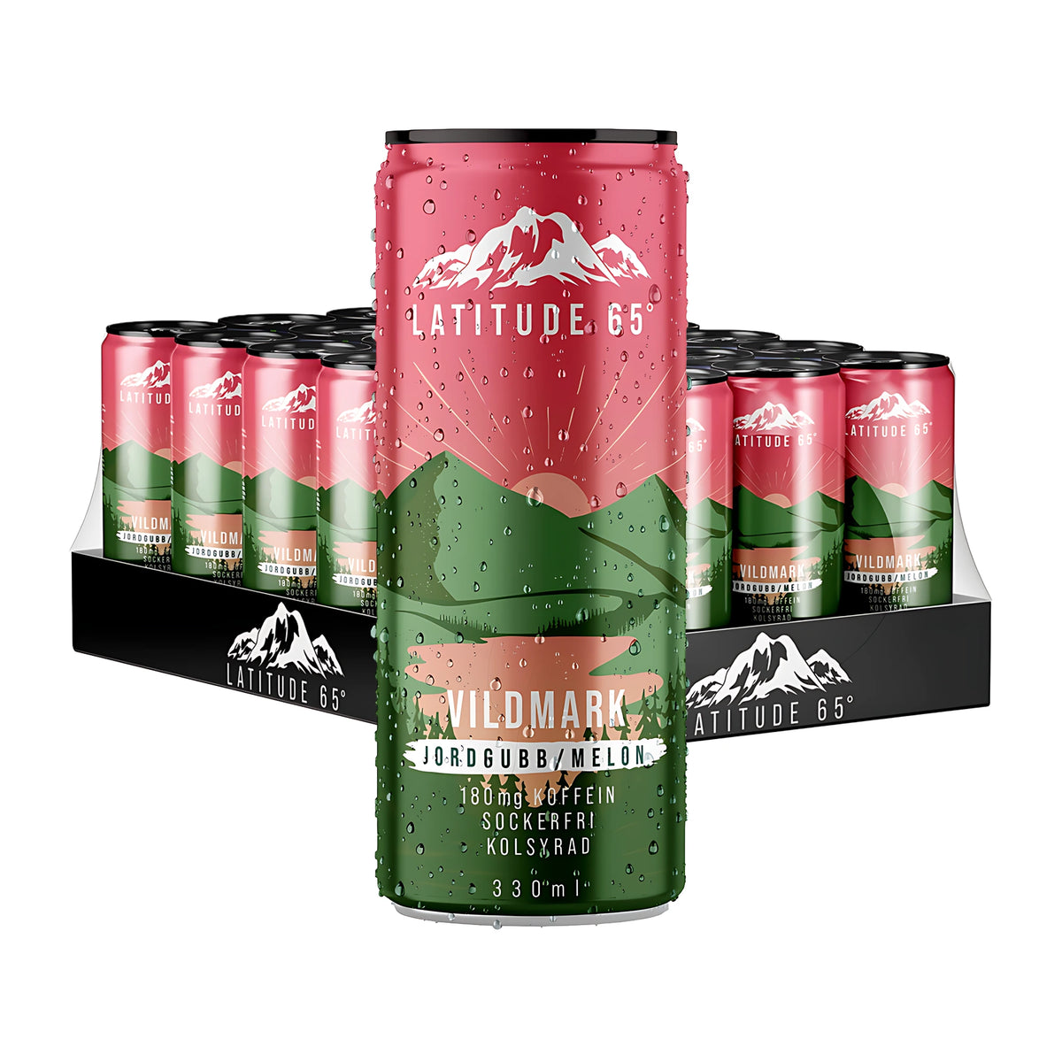 24 x Latitude 65 330 ml Vildmark - Mansikka &amp; Meloni -hiilihapotettu juoma lavassa, etualalla vesipisaroiden peittämä vaaleanpunainen ja vihreä tölkki., kuva 1/1