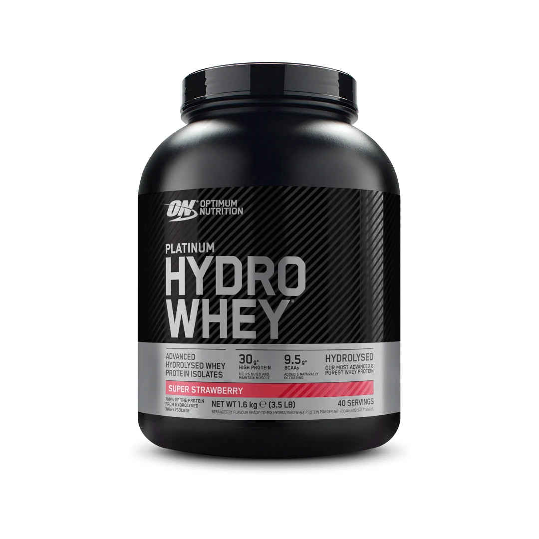Optimum Nutrition Platinum Hydro Whey 1.6 kg -proteiinijauhe mustassa purkissa, makuna Supercharged Strawberry., kuva 1/3