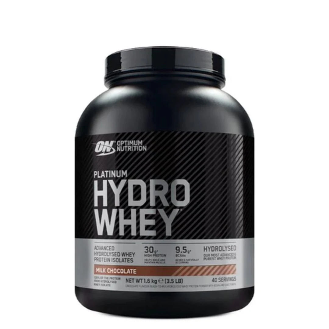 Optimum Nutrition Platinum Hydro Whey 1.6 kg -proteiinijauhe musta-hopeisessa purkissa, makuna Milk Chocolate., kuva 2/3