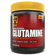 Mutant Nutrition Glutamine 300 g -aminohappojauhe mustassa purkissa, jossa on punainen etiketti ja keltainen kansi.