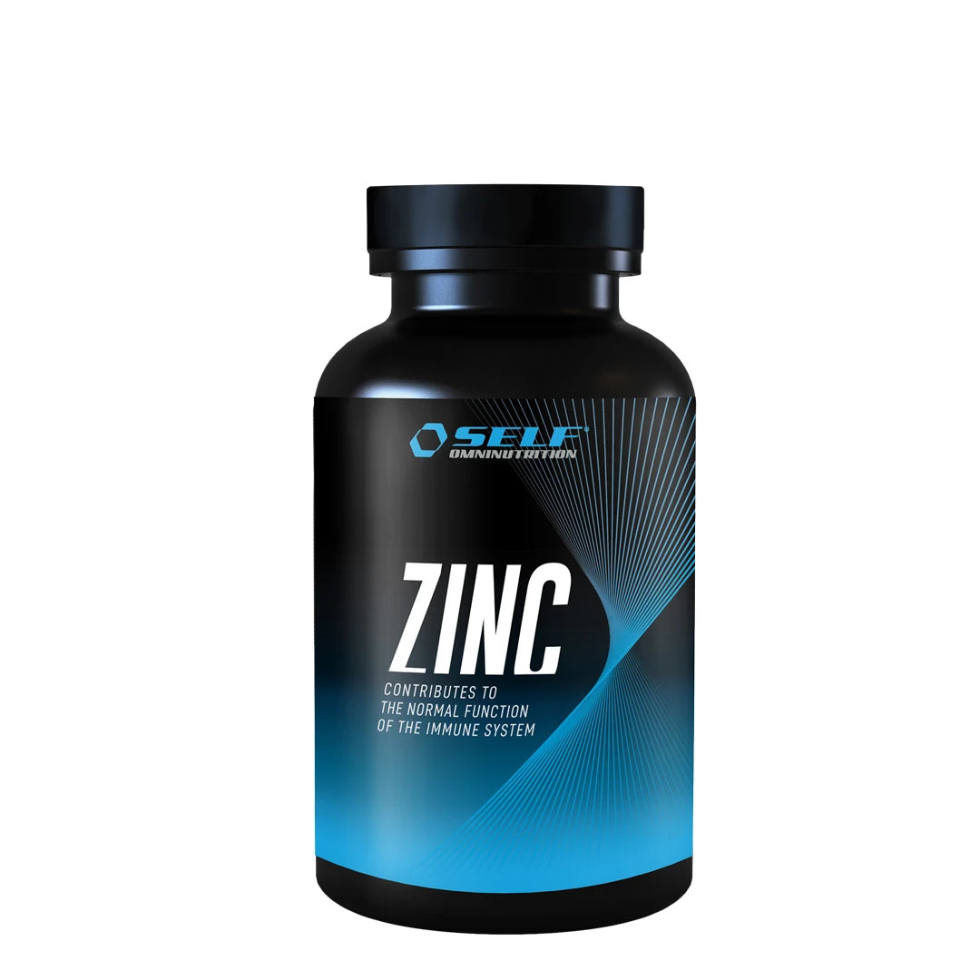Self Omninutrition Zinc 100 caps -sinkkilisä tyylikkäässä mustassa purkissa sinisillä yksityiskohdilla., kuva 1/1