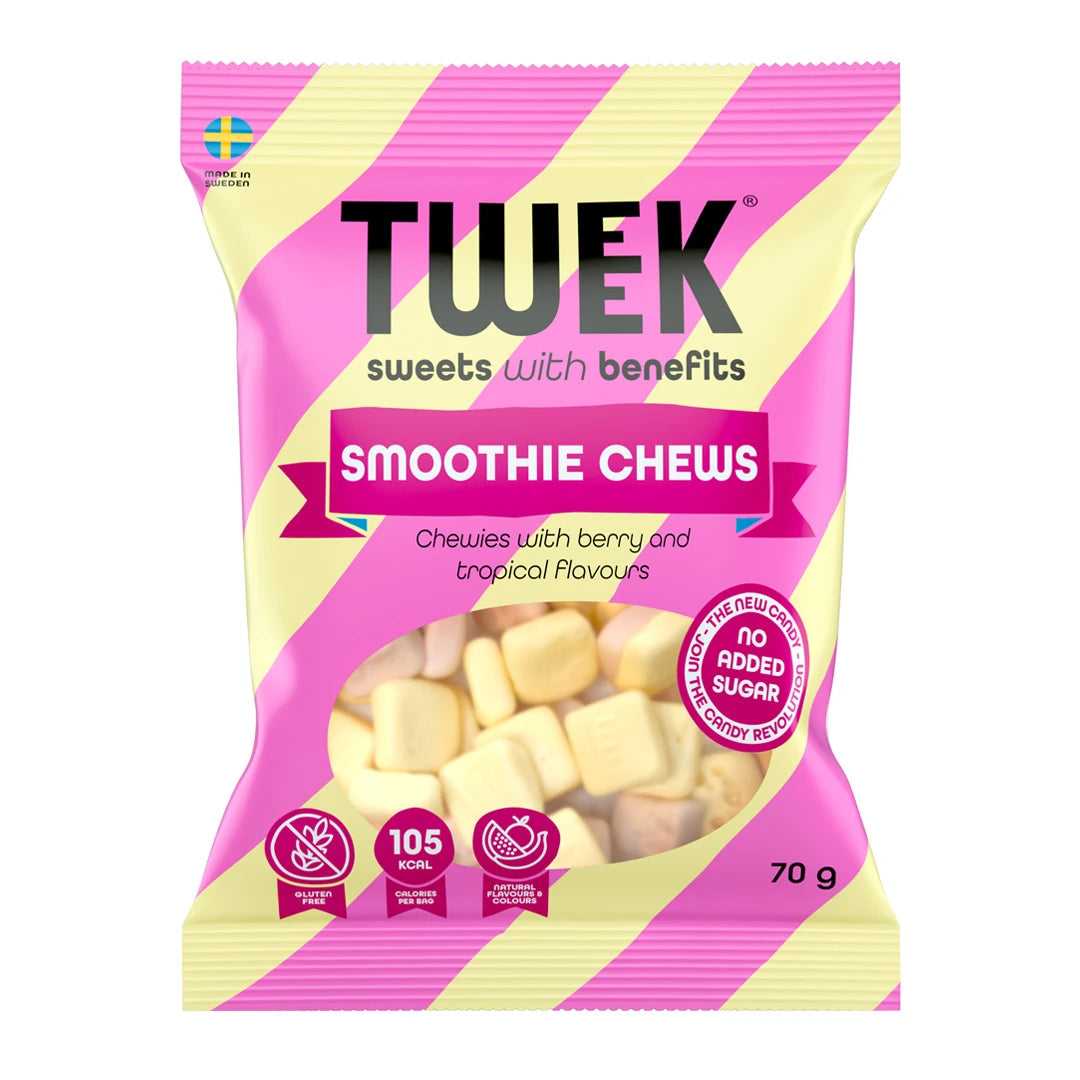 Tweek Sweets 70 g -makeisia vaaleanpunaisessa ja keltaraidallisessa pussissa, makuna Smoothie Chews., kuva 4/4