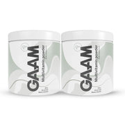 2 x GAAM Multivitamin Powder 300 g kahdessa valkoisessa purkissa harmailla ja vihreillä yksityiskohdilla.