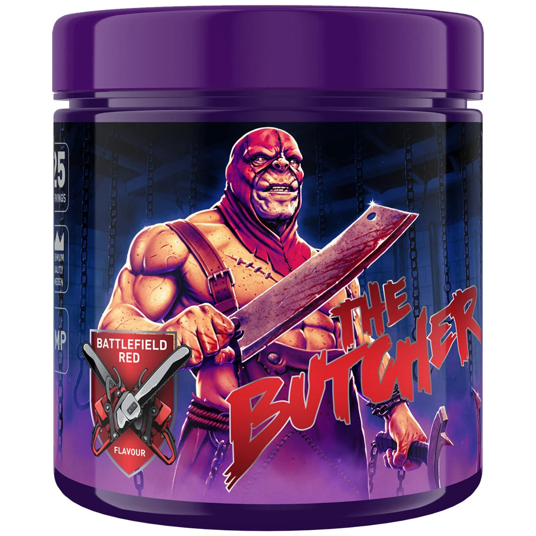 Swedish Supplements The Butcher 425 g pre-workout lilassa purkissa lihaksikkaalla hahmolla, makuna Battlefield Red., kuva 1/5