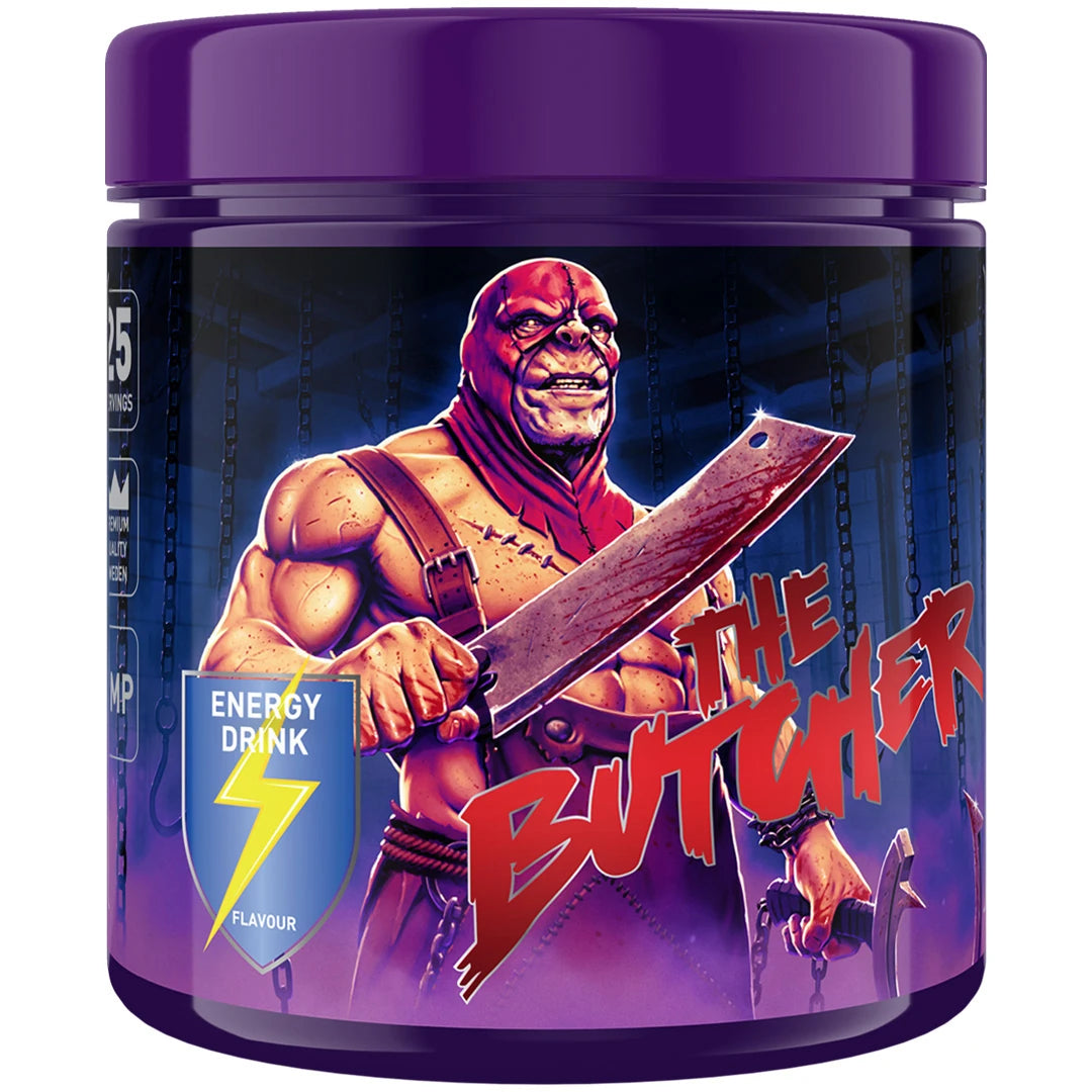 Swedish Supplements The Butcher 425 g PWO-jauhe violetissa purkissa kuvitetulla teemalla, makuna Energy Drink.