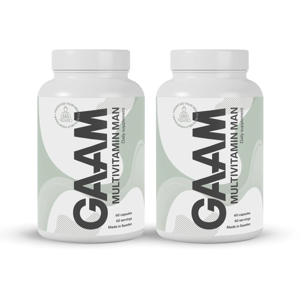 2 x GAAM Multivitamin Man 60 caps kahdessa valkoisessa purkissa, joiden etiketissä on harmaita ja vaaleanvihreitä yksityiskohtia.