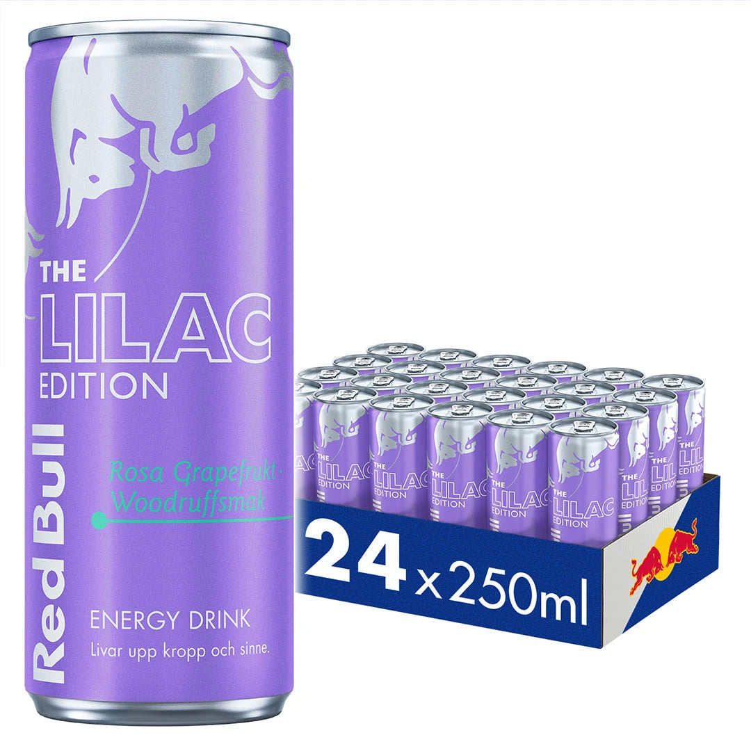 24 x Red Bull Energiajuoma 250 ml Lilac Edition Pink Grapefruit sinisessä laatikossa liilojen tölkkien kanssa., kuva 1/1