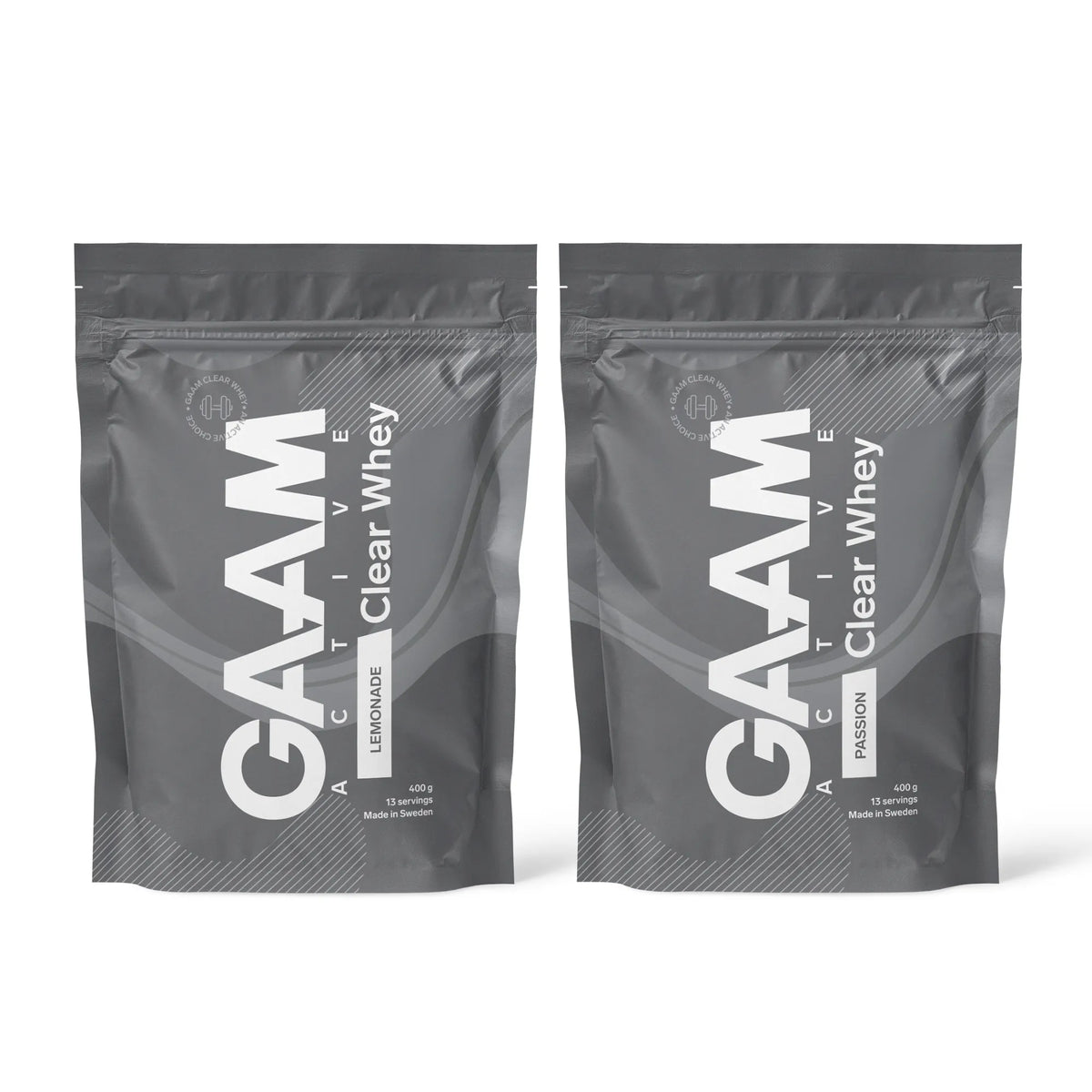 2 x GAAM Active Clear Whey proteiinijauhe 400 g kahdessa tummanharmaassa pussissa mauissa Lemonade ja Passion., kuva 1/1