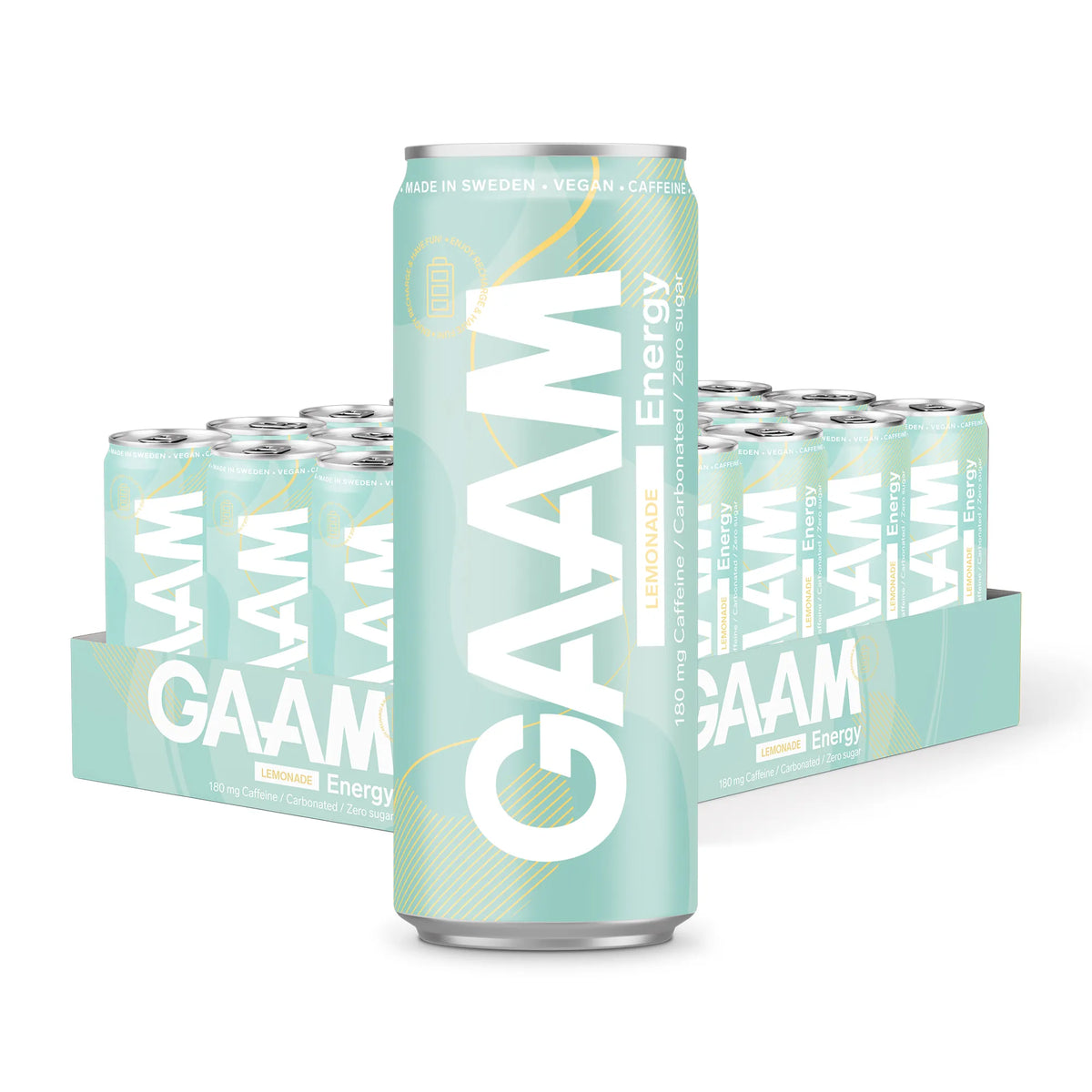 24 x GAAM Energy 330 ml Lemonade vaaleanvihreässä laatikossa, jossa on yhteensopivia tölkkejä valkoisin yksityiskohdin., kuva 1/1