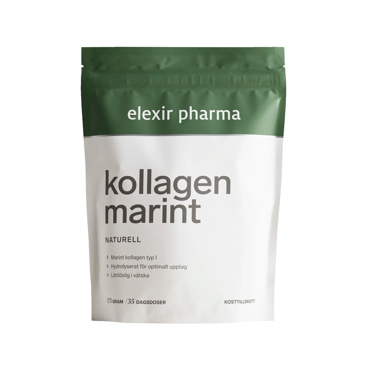 Elexir Pharma Marint Kollagen 175 g -jauhepakkaus valkoisessa pussissa, jossa on oliivinvihreitä yksityiskohtia., kuva 1/1