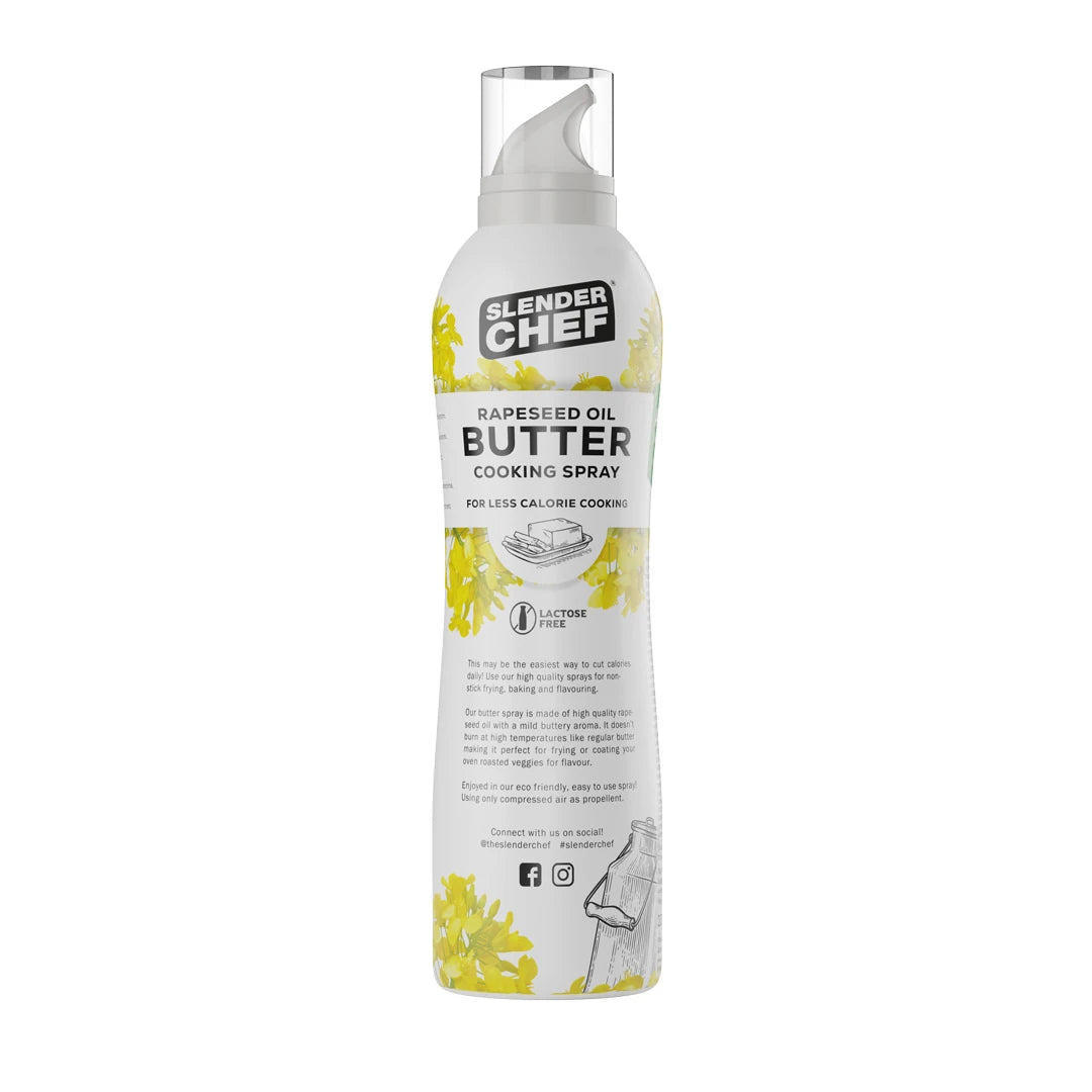 Slender Chef Cooking Spray 200 ml maussa Butter Oil, valkoinen suihkepullo keltaisilla yksityiskohdilla tasaiseen ja kätevään paistamiseen., kuva 1/5