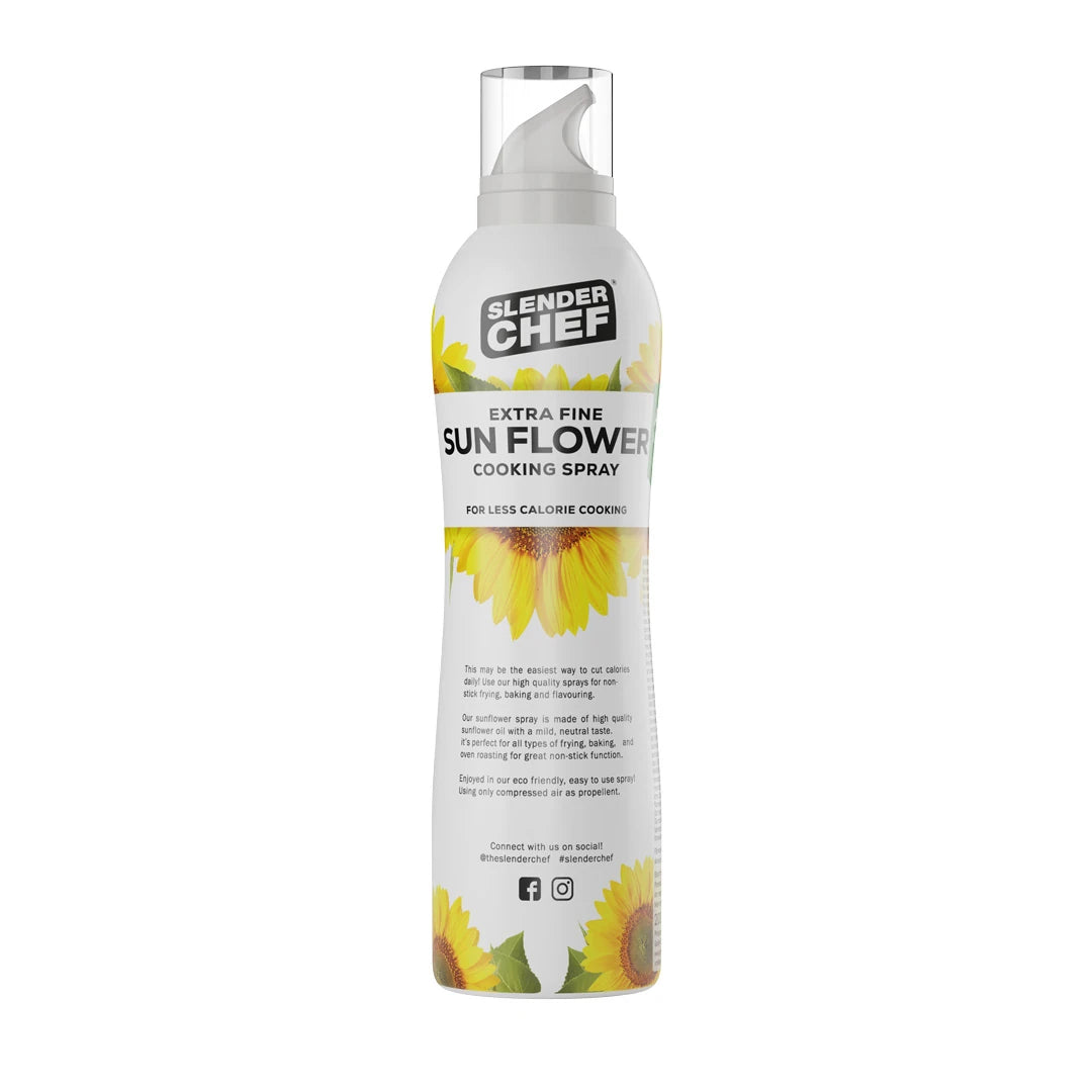 Slender Chef Cooking Spray 200 ml valkoisessa pullossa keltaisilla auringonkukilla, makuna Sunflower Oil., kuva 2/5
