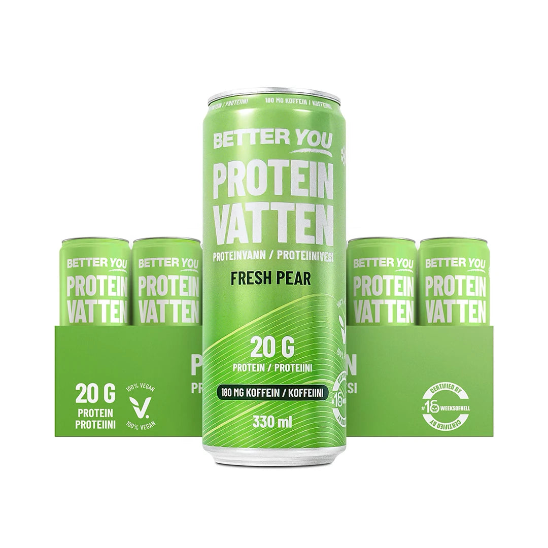 24 x Better You Proteinvatten 330 ml Fresh Pear -juomat vihreässä laatikossa vihreillä tölkeillä ja valkoisella tekstillä., kuva 1/1