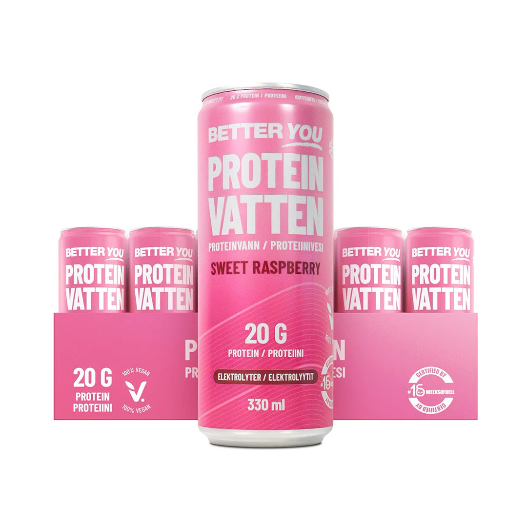 24 x Better You Proteinvatten 330 ml Sweet Raspberry vaaleanpunaisella lavalla vadelmanmakuisissa pinkeissä tölkeissä., kuva 1/1