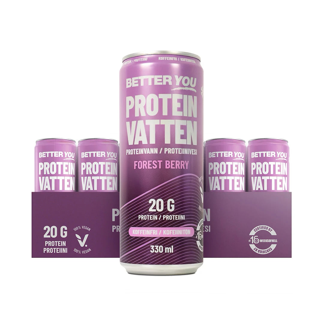 24 x Better You Proteinvatten 330 ml Forest Berry liilassa laatikossa liiloilla tölkeillä ja valkoisella tekstillä., kuva 1/1