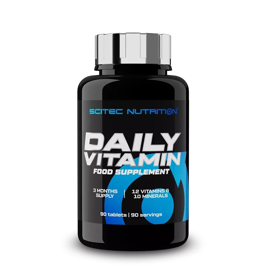 Scitec Nutrition Daily Vita-min 90 caps -monivitamiini, musta purkki sinisillä ja valkoisilla yksityiskohdilla sekä hopeisella korkilla., kuva 1/1