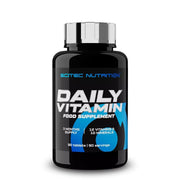 Scitec Nutrition Daily Vita-min 90 caps multivitamin, svart burk med blå och vita detaljer samt silvrigt lock.