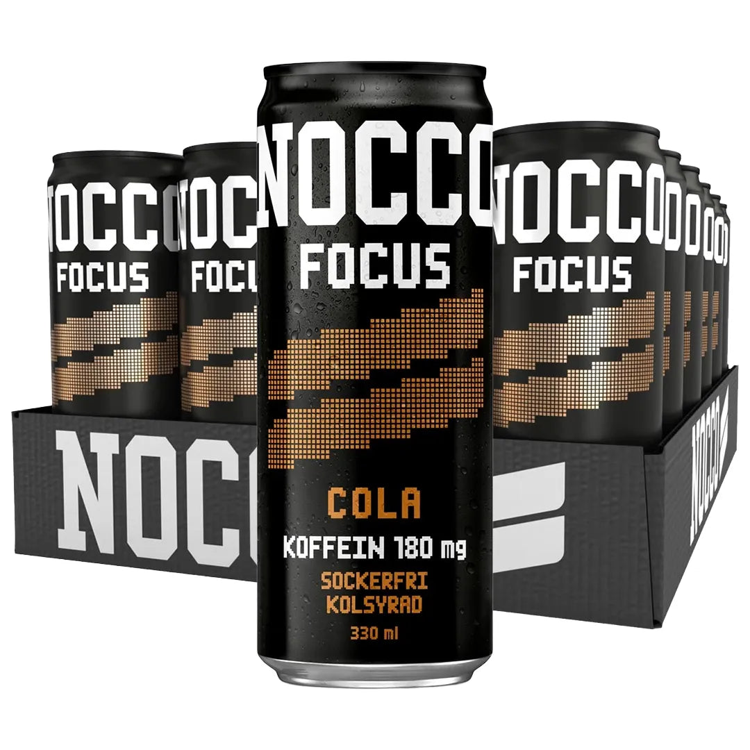 24 x NOCCO FOCUS 330 ml Cola mustassa laatikossa, jossa on mustia tölkkejä ruskeilla ja valkoisilla yksityiskohdilla., kuva 1/1