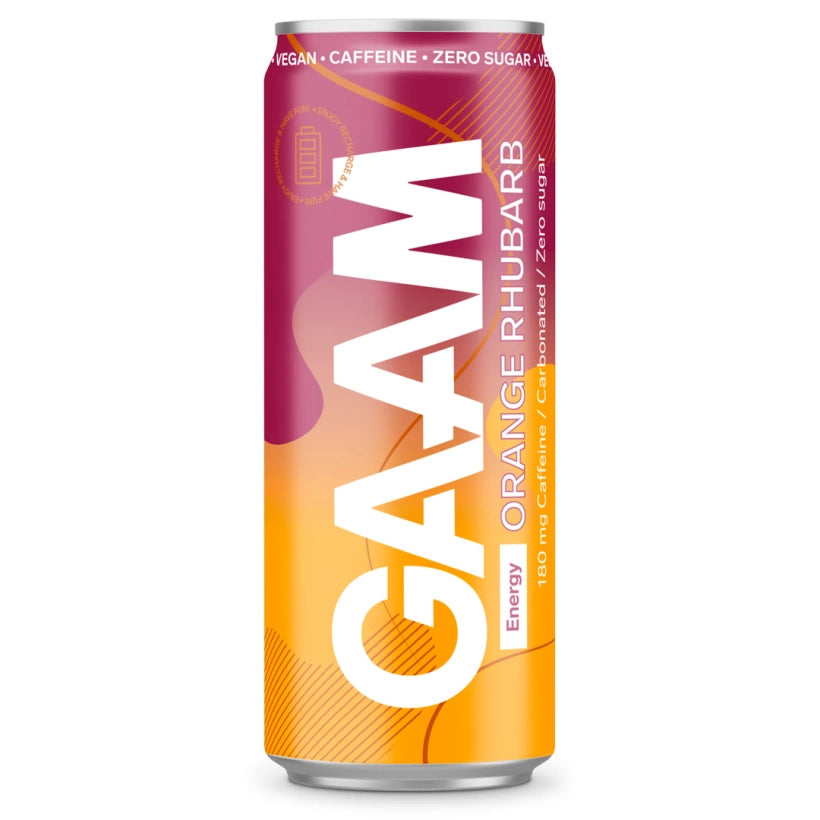 GAAM Energy 330 ml -energiajuoma makuna Orange Rhubarb, tyylikkäässä pinkki-oranssissa tölkissä., kuva 11/11