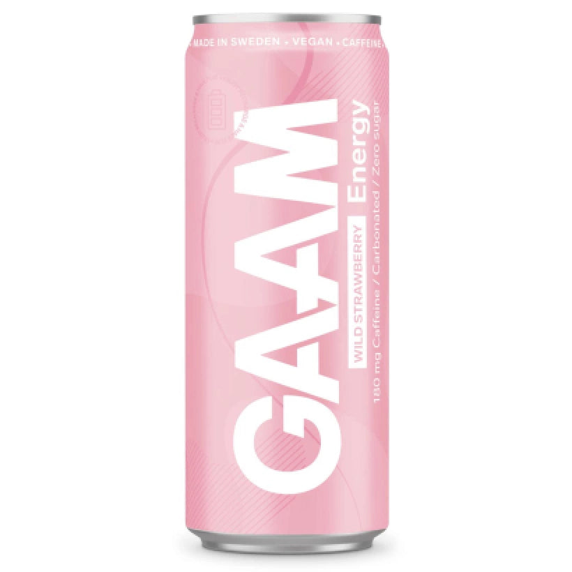 Vaaleanpunainen tölkki GAAM Energy 330 ml -vegaanista energiajuomaa, makuna Wild Strawberry., kuva 6/11